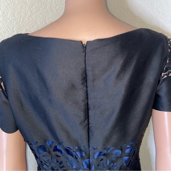Muse Black Blue Laser Cut Eyelet Dress Size 6 black and navy blue sheath dress - Picture 6 of 16